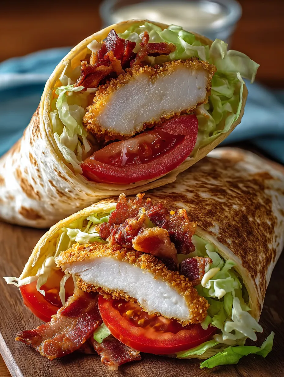 A crispy chicken club wrap with lettuce, tomato, and bacon.