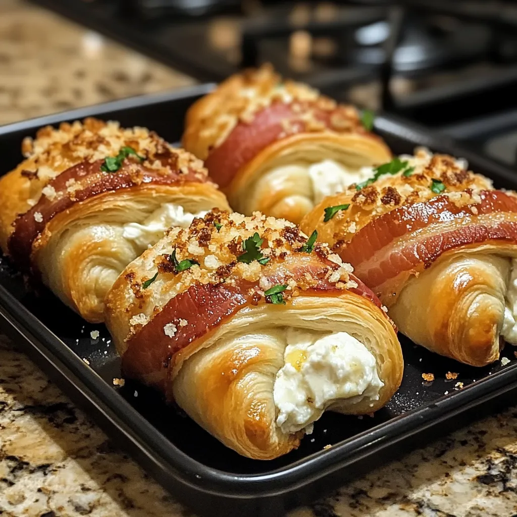 Three croissants with bacon wrapped around them.