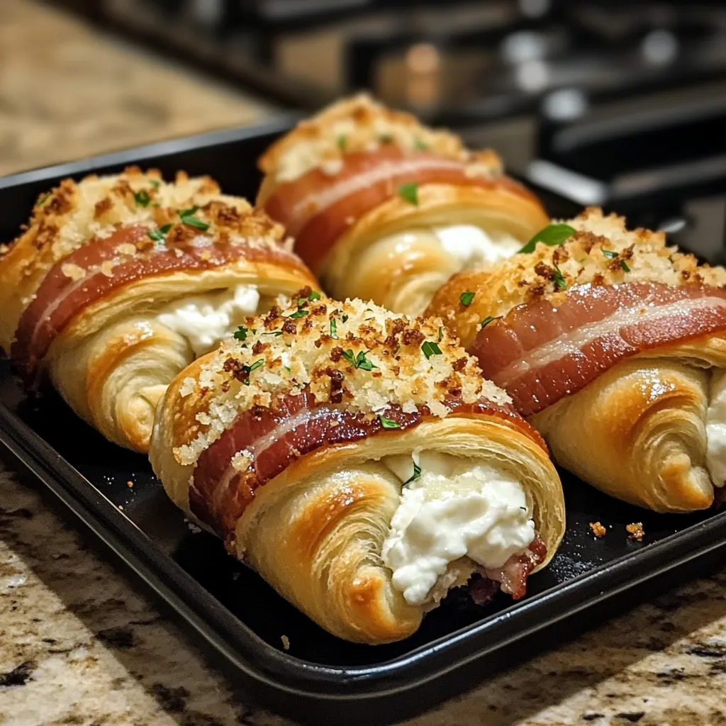 A tray of bacon wrapped crepes.
