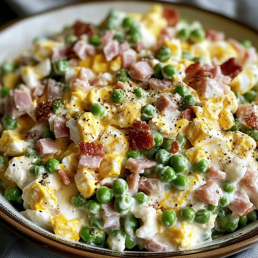 A bowl of ham and peas.
