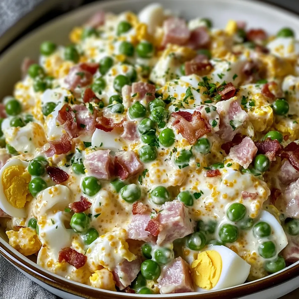 A plate of food with peas, ham, and eggs.