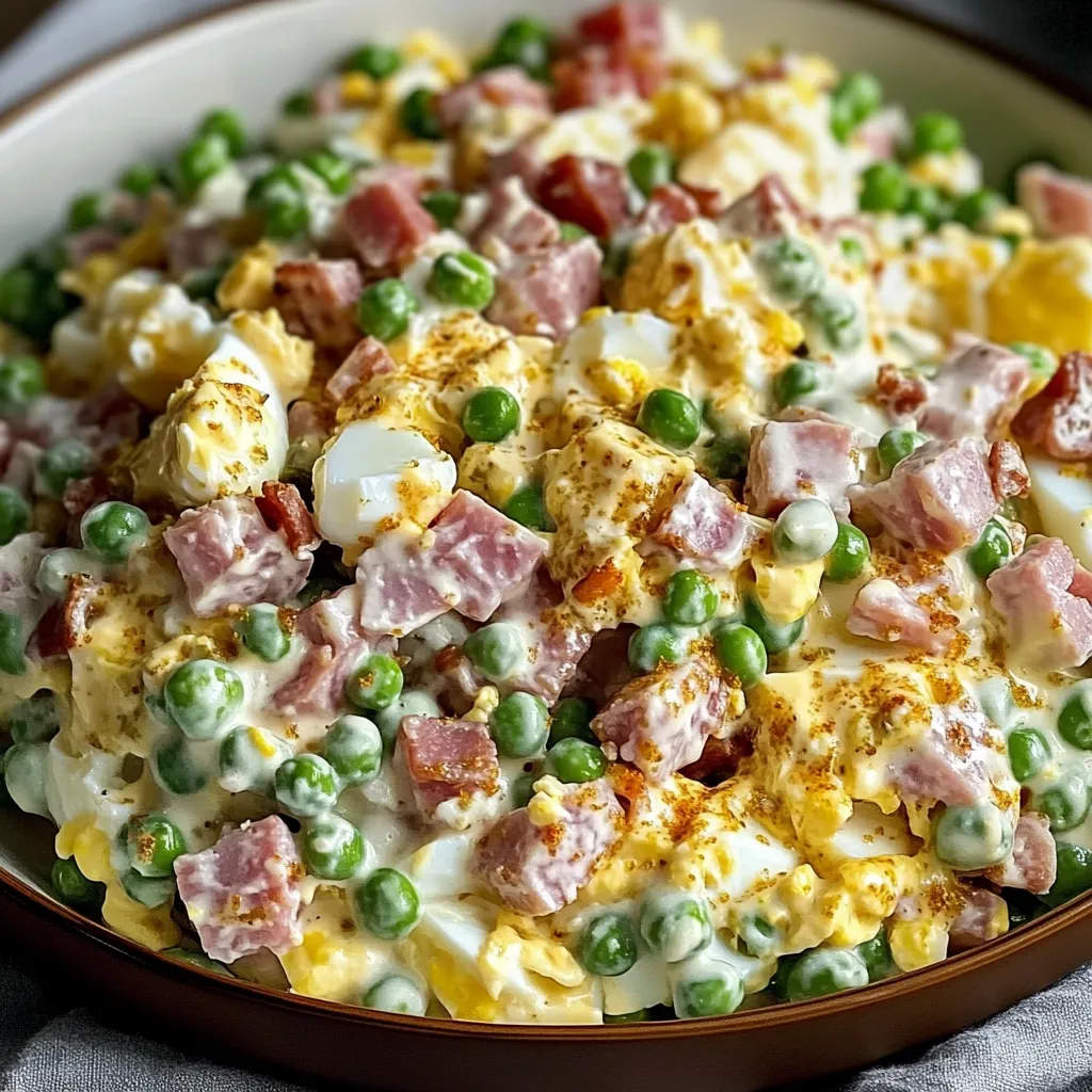 A bowl of food with peas and ham.