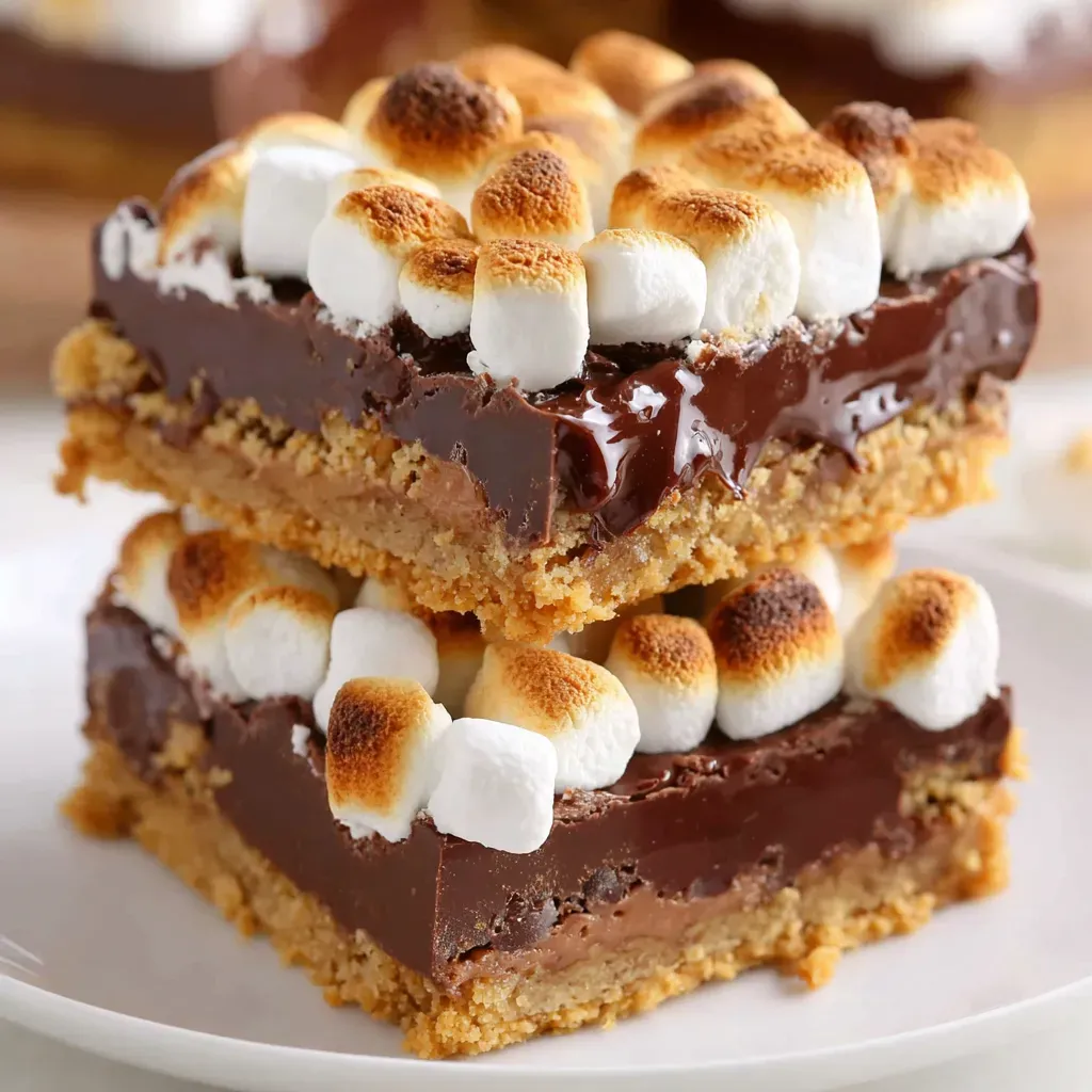 A stack of s'mores bars with a graham cracker crust and toasted marshmallows.