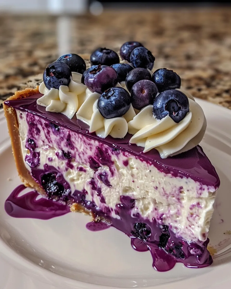 A slice of white chocolate blueberry cheesecake.