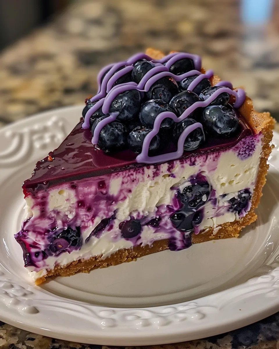 A slice of white chocolate blueberry cheesecake.