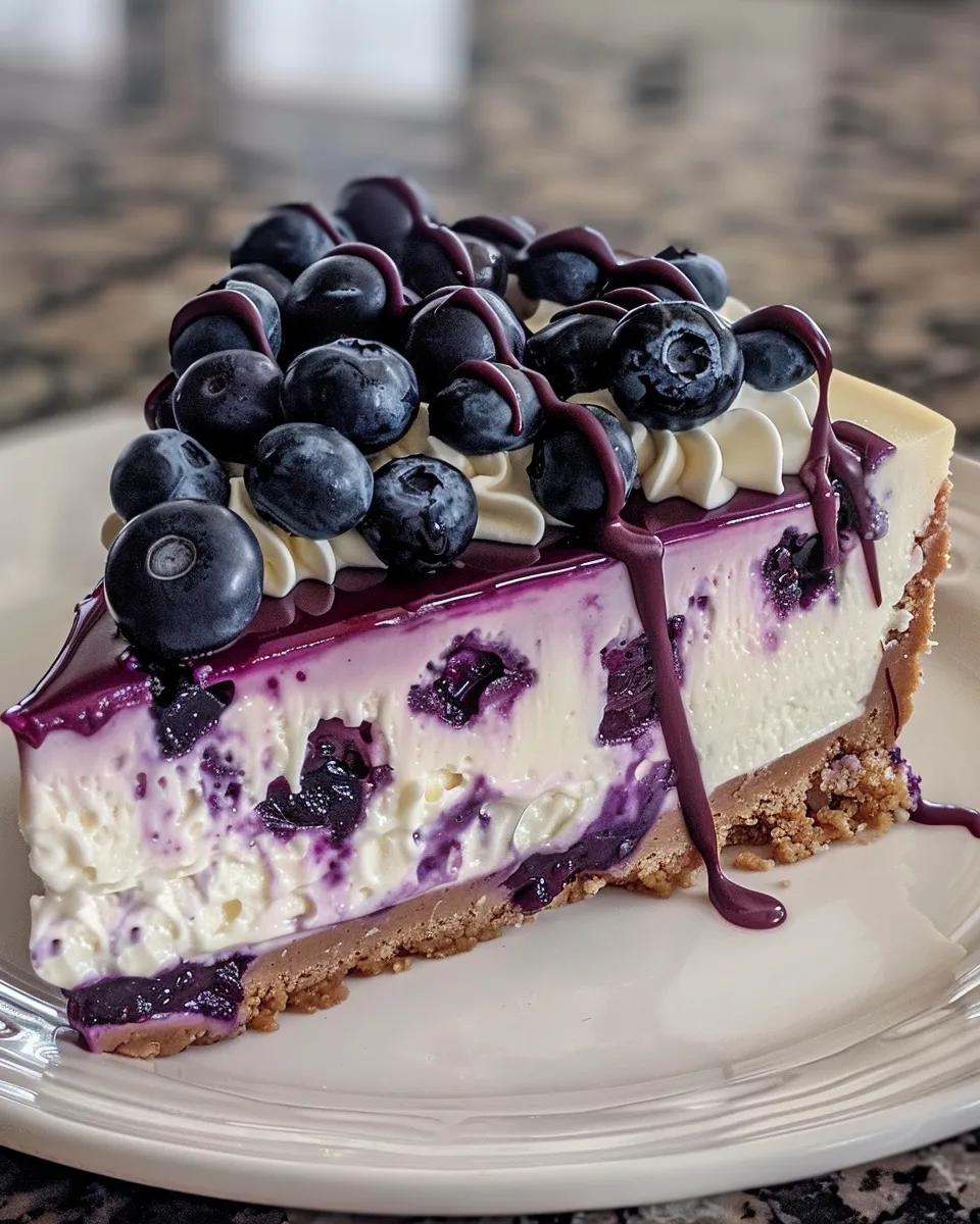 A slice of white chocolate blueberry cheesecake.