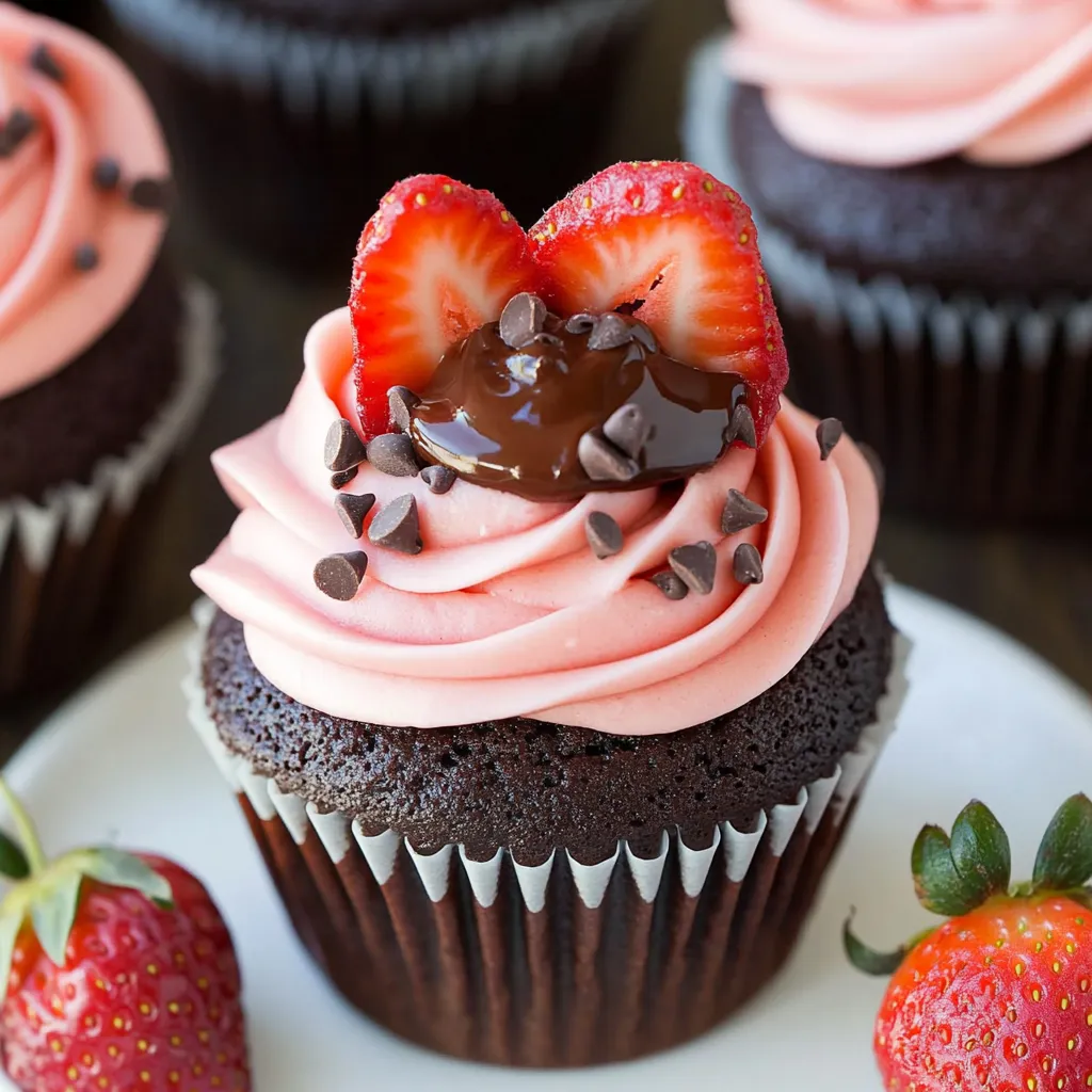 A chocolate cupcake with strawberries on top.