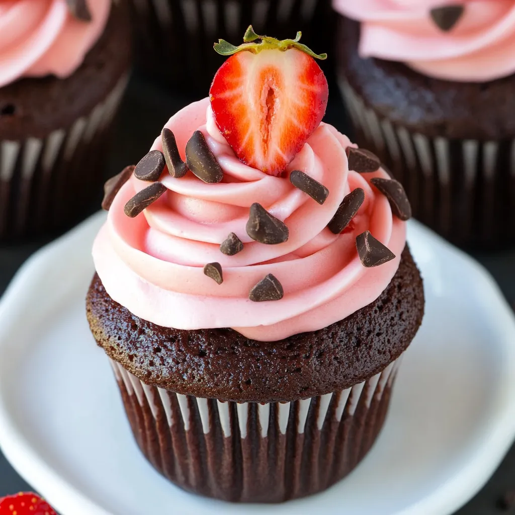 A chocolate cupcake with a strawberry on top.