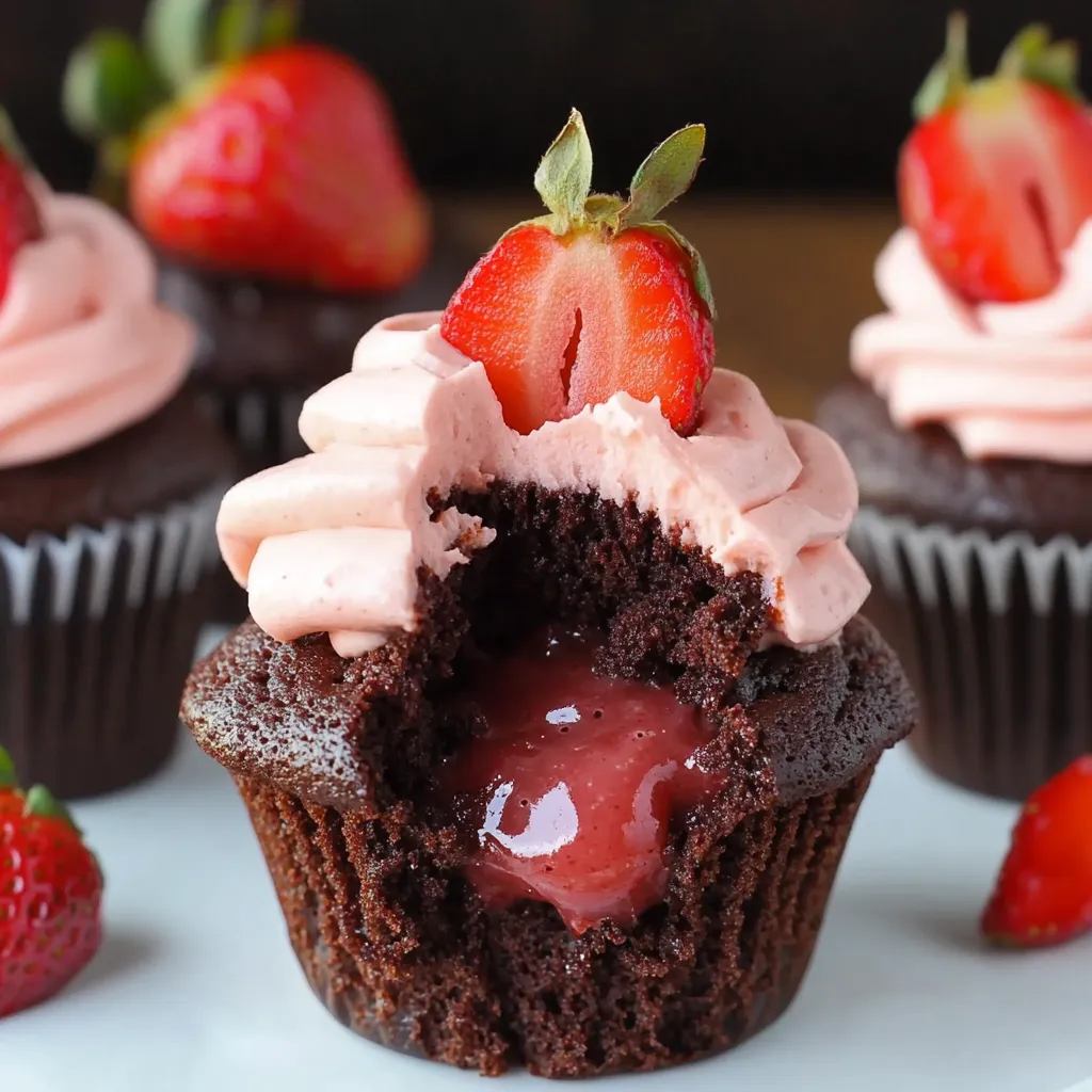 A chocolate cupcake with a strawberry on top.