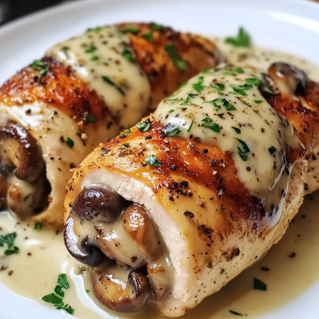 A plate of food with mushrooms and cheese.