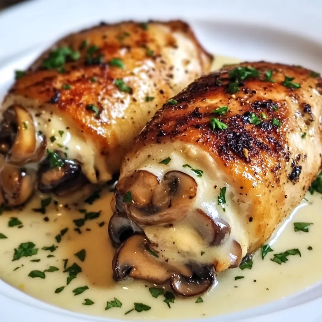 Two pieces of chicken with mushrooms on a plate.