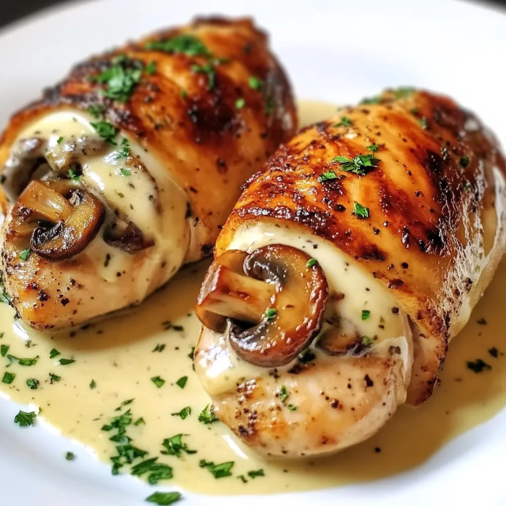Two pieces of chicken with mushrooms wrapped around them.