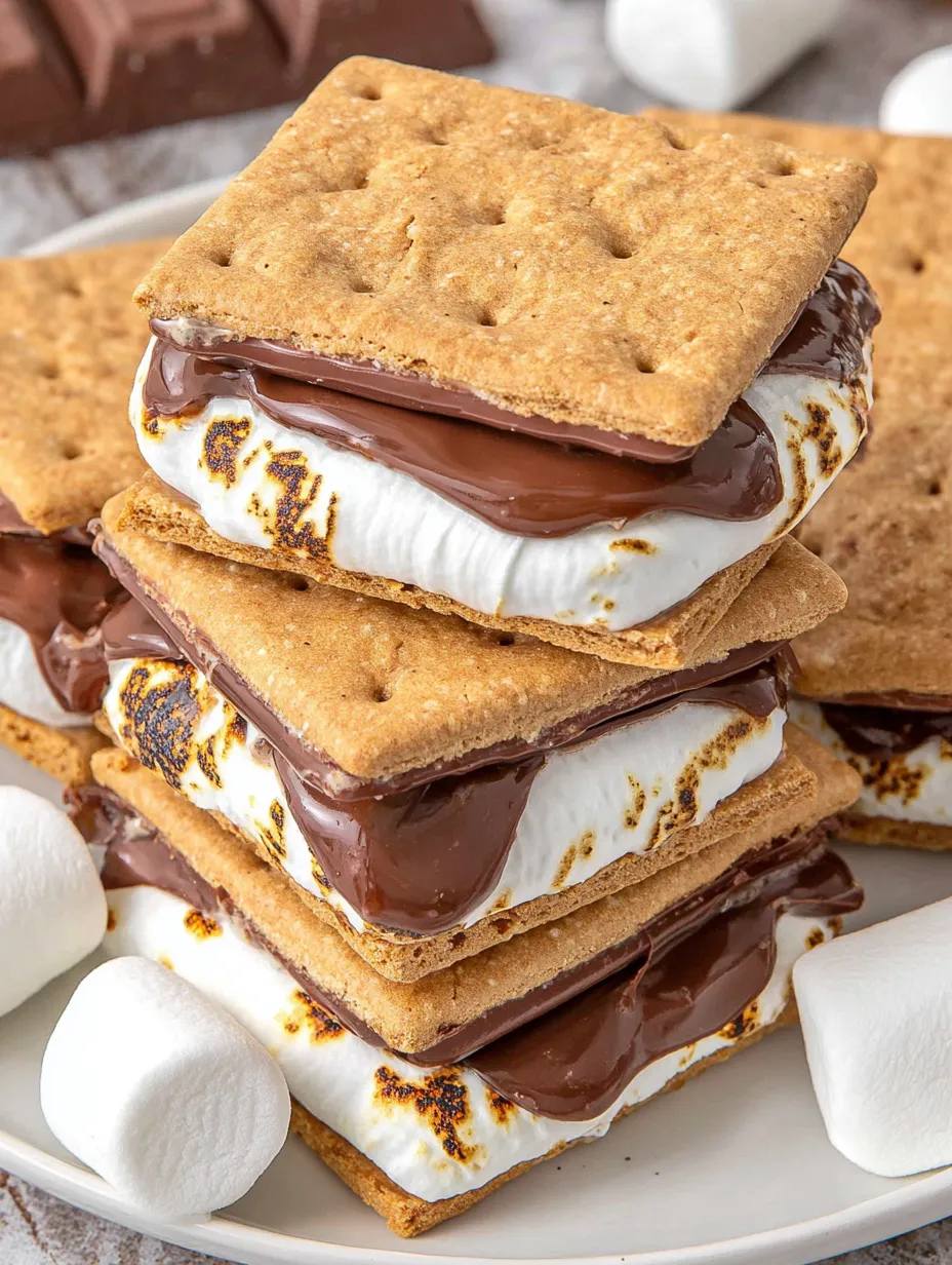 A stack of s'mores with chocolate drizzled on top.