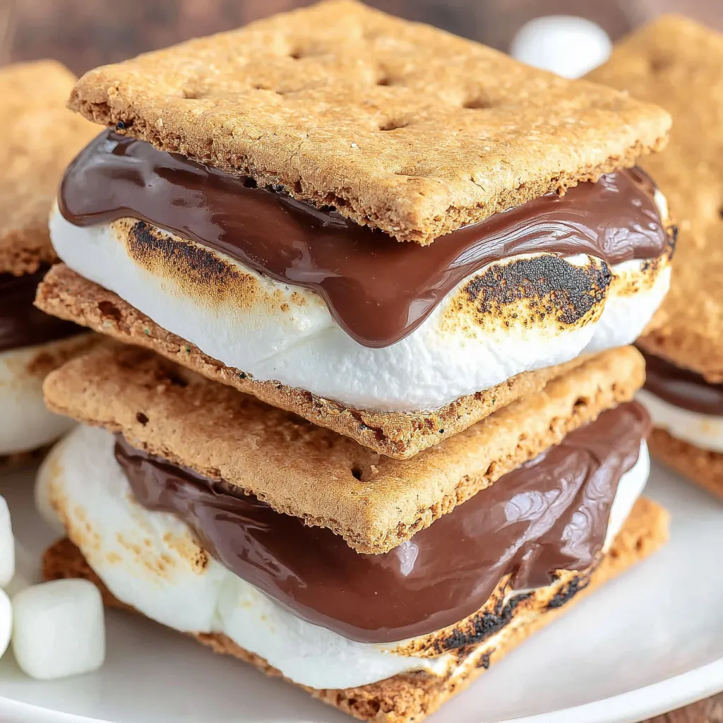 A stack of s'mores with chocolate drizzled on top.