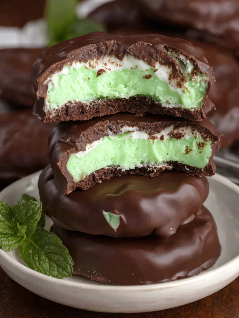 Chocolate covered mint patties stacked on a plate.