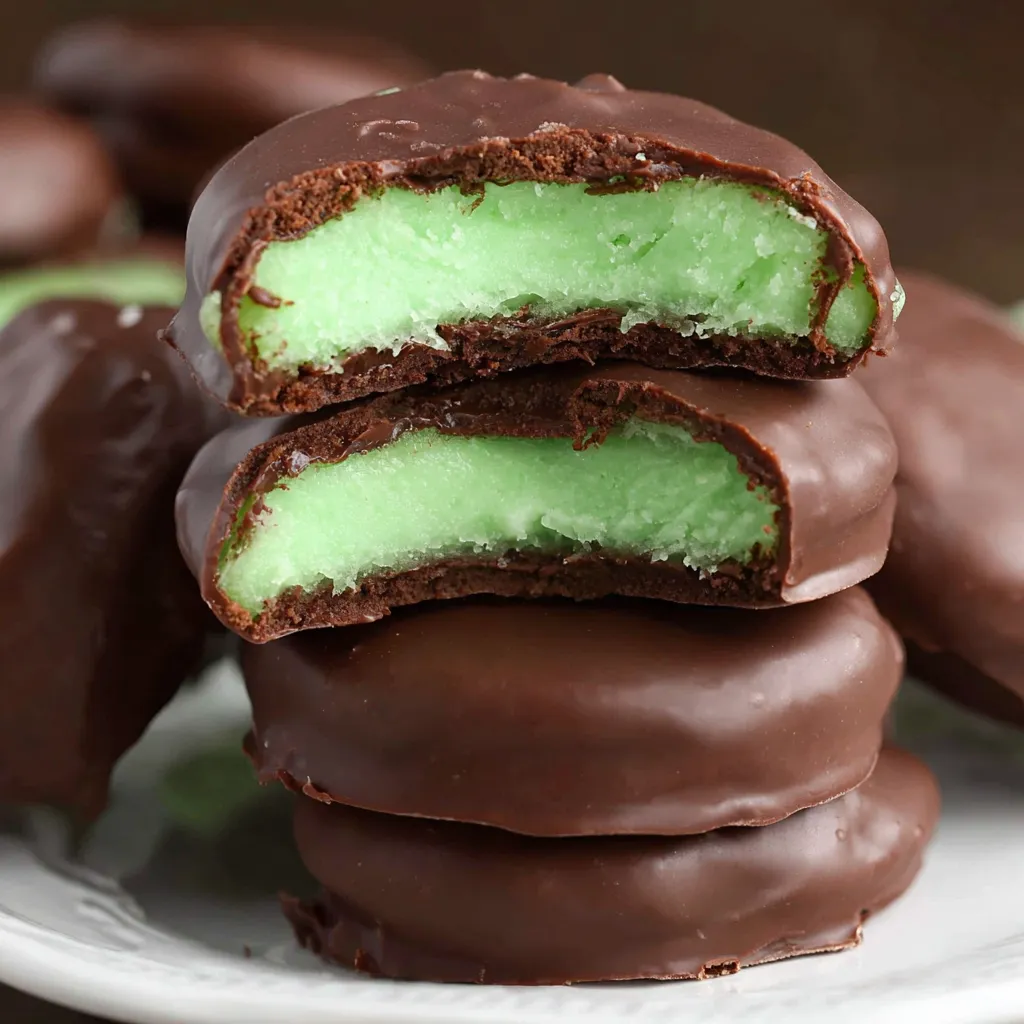 Chocolate covered mint patties stacked on a plate.
