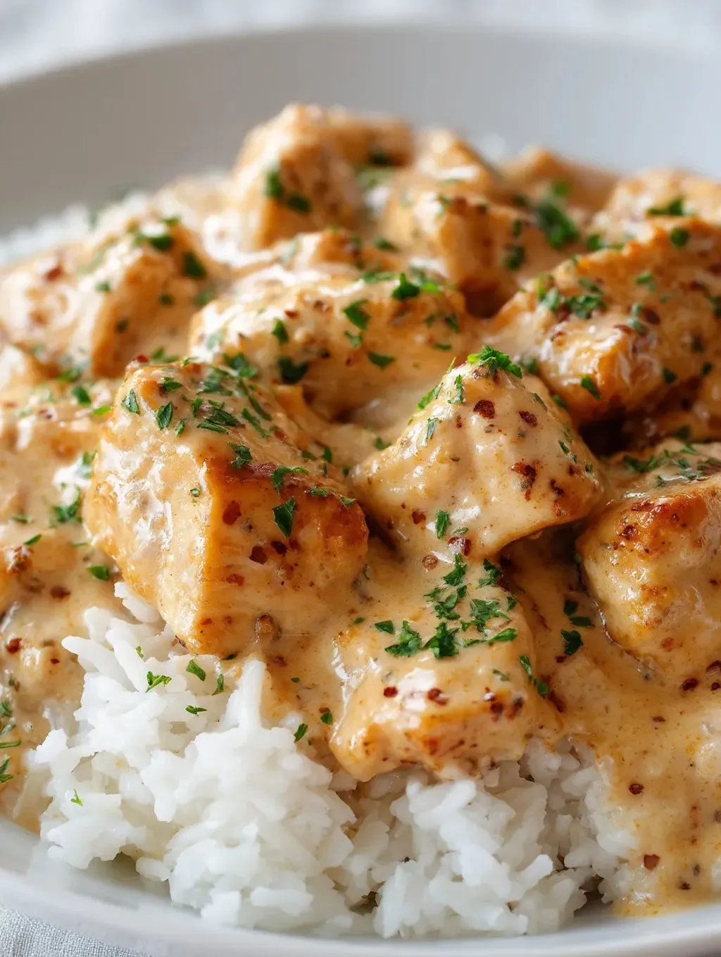 A plate of creamy smothered chicken and rice.