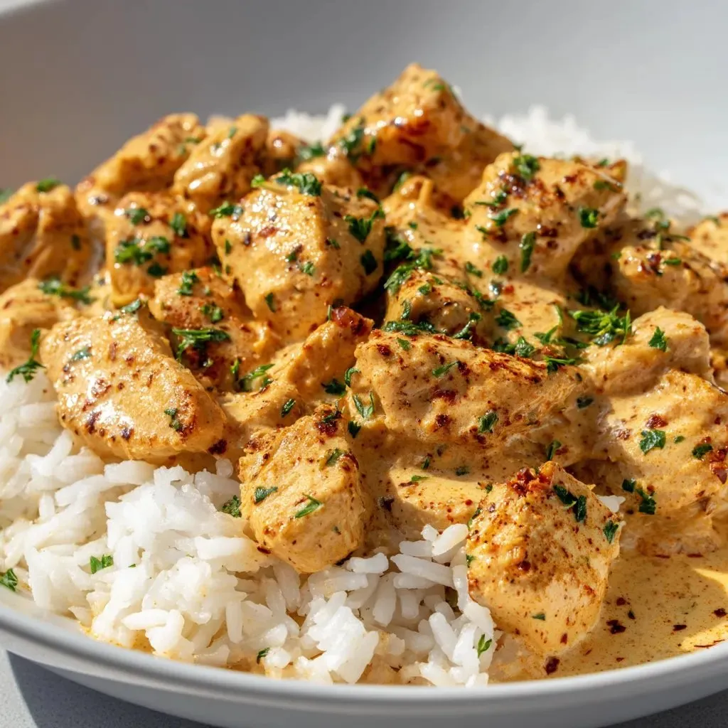 A plate of rice and chicken with a creamy sauce.