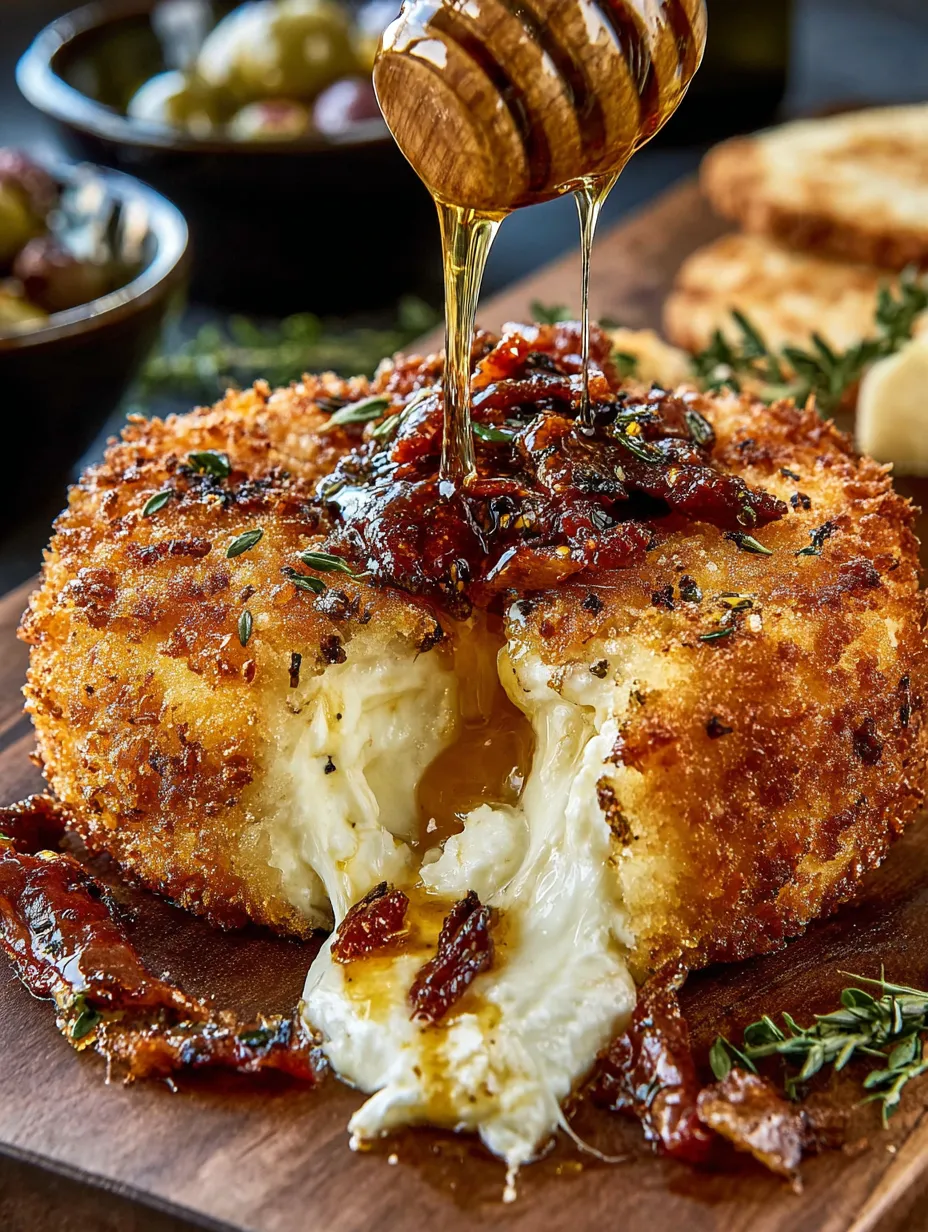 A delicious dish of crispy fried brie with pepper honey, warm lemon-herb olives and prosciutto.