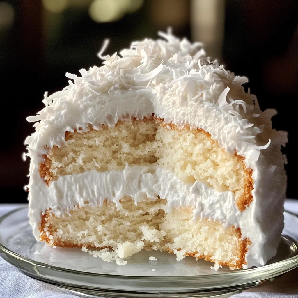 A slice of cake with white frosting and coconut on top.