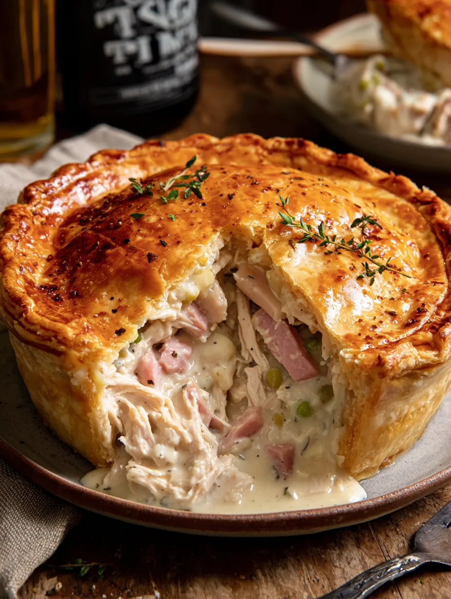A chicken and ham pie is cut open and ready to be eaten.