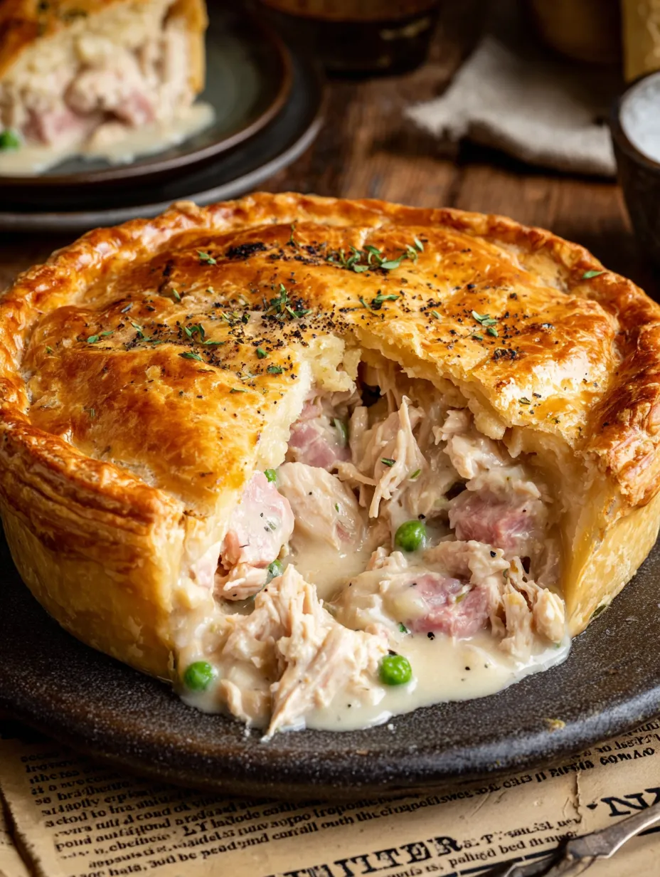 A chicken and ham pie is served on a plate.