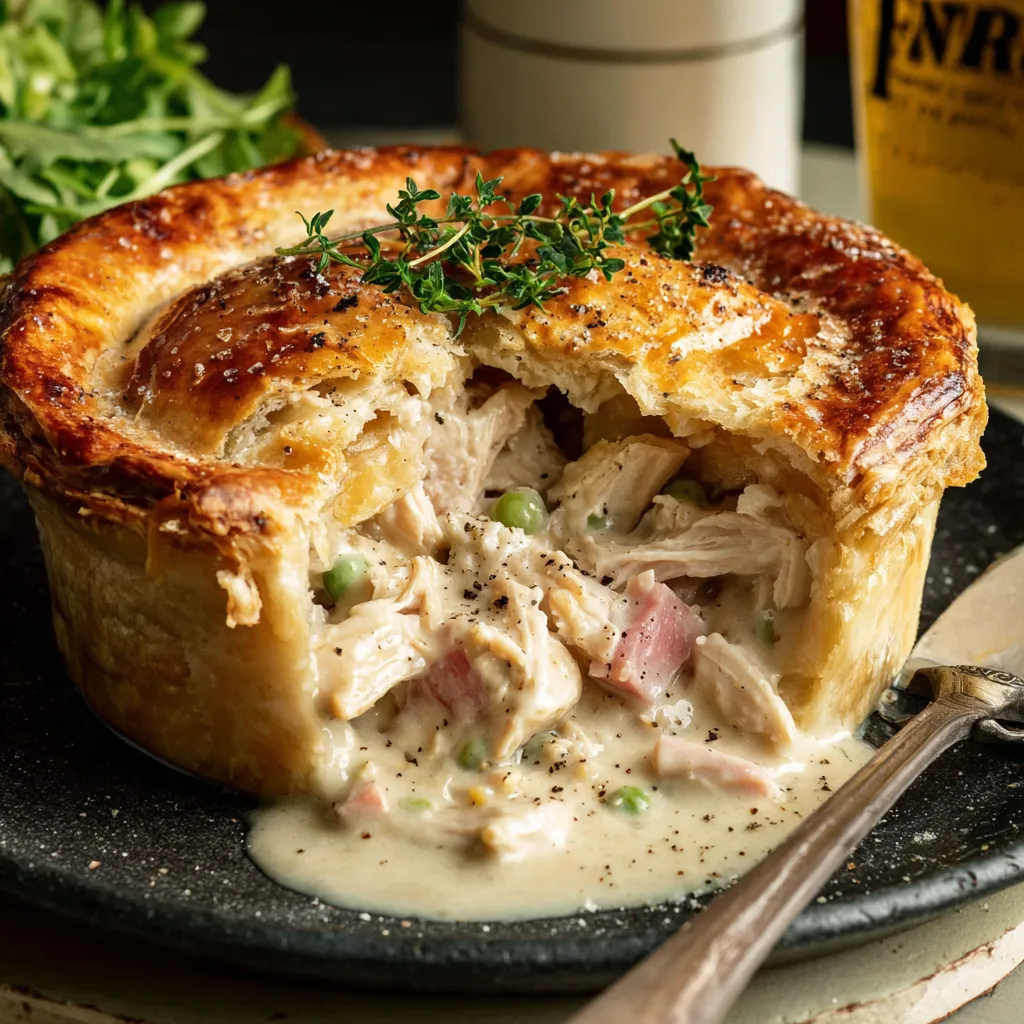 A chicken and ham pie is served on a plate.