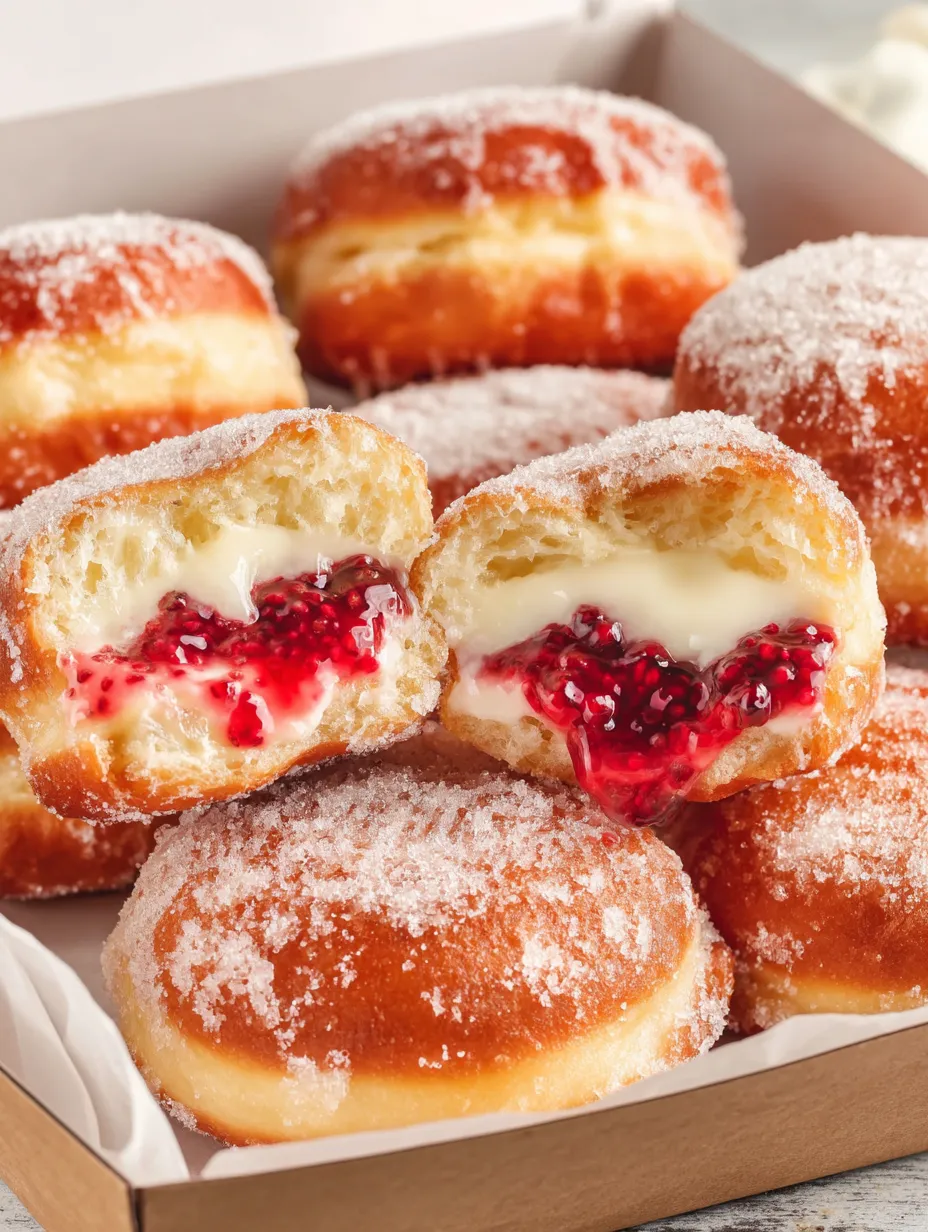 A box of raspberry cheesecake donuts.