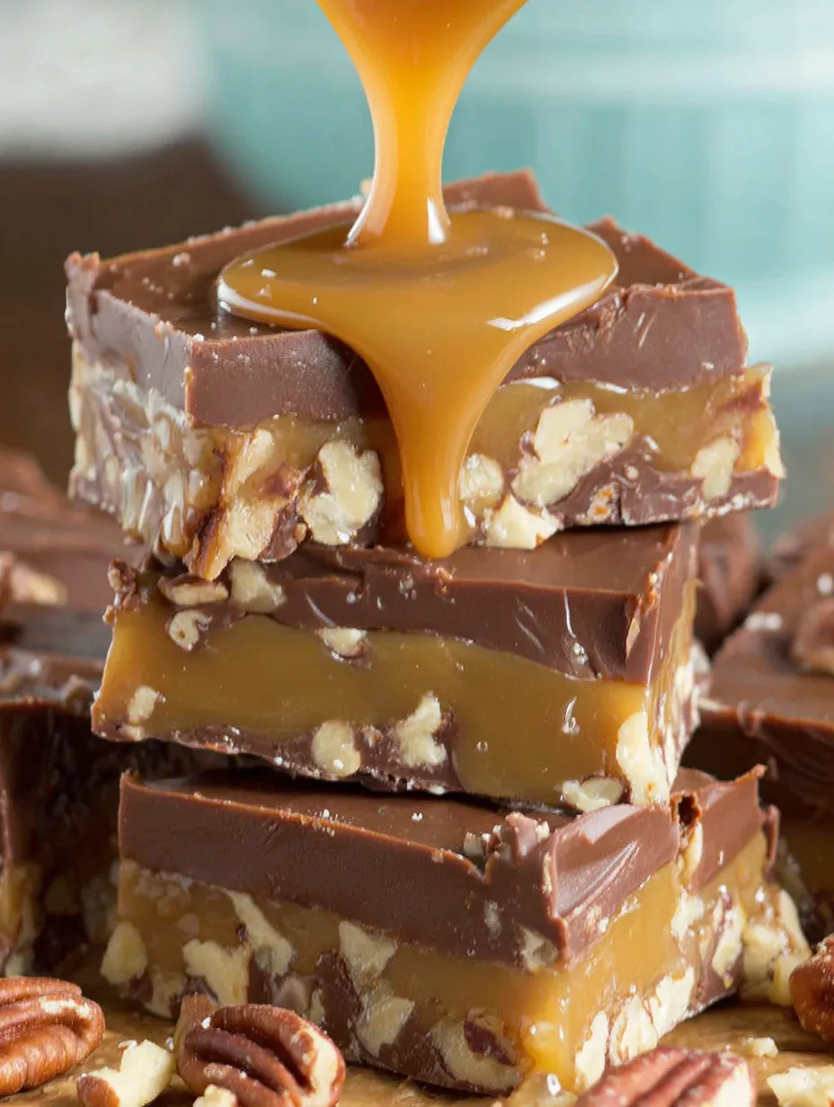 A piece of turtle fudge with caramel drizzled on top.