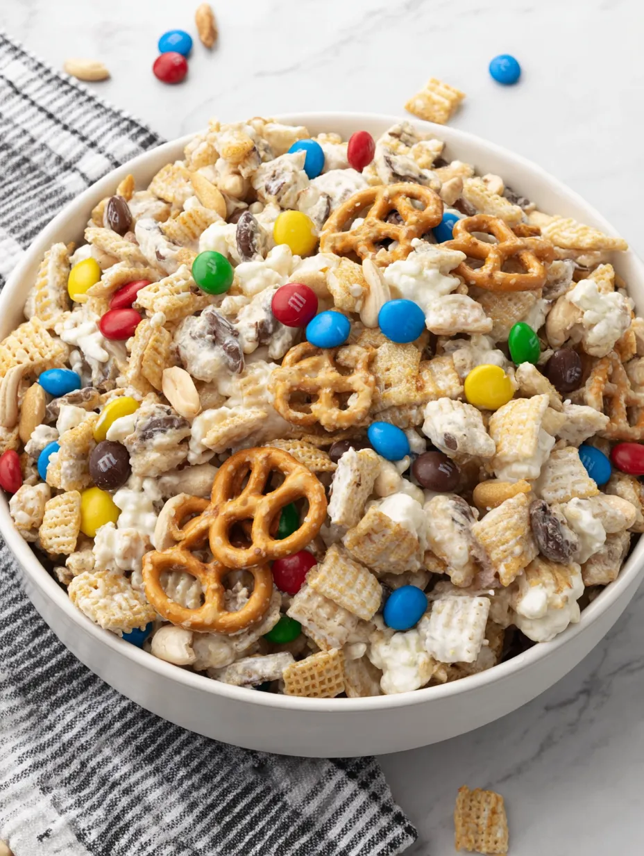 A bowl of cereal with marshmallows and pretzels.