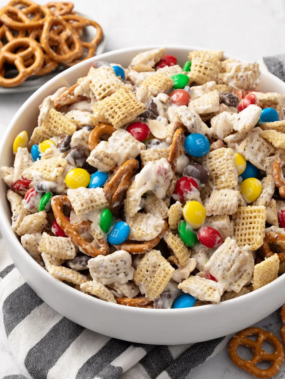 A bowl of cereal with M&amp;M's and pretzels.