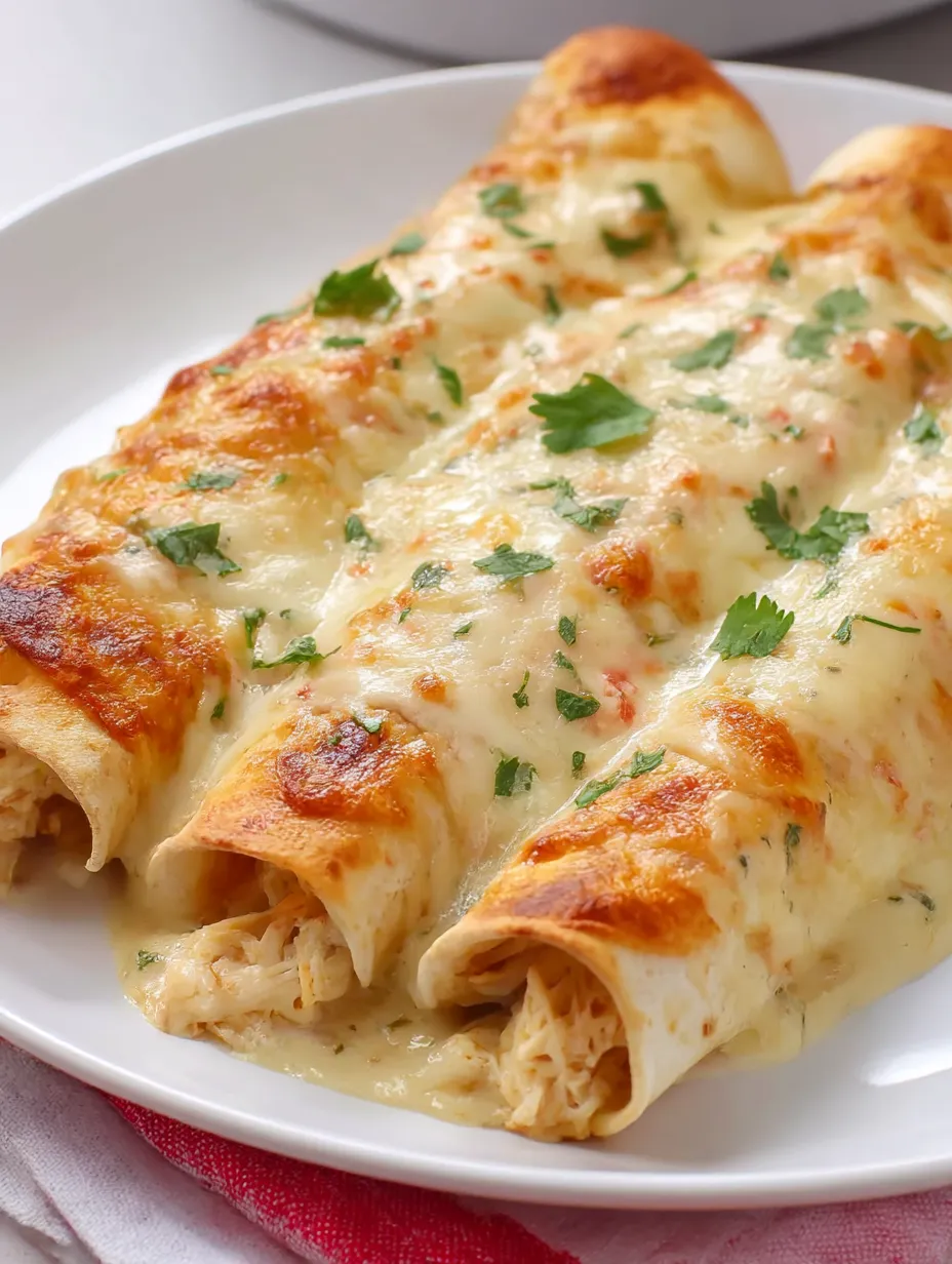 A plate of creamy white chicken enchiladas.