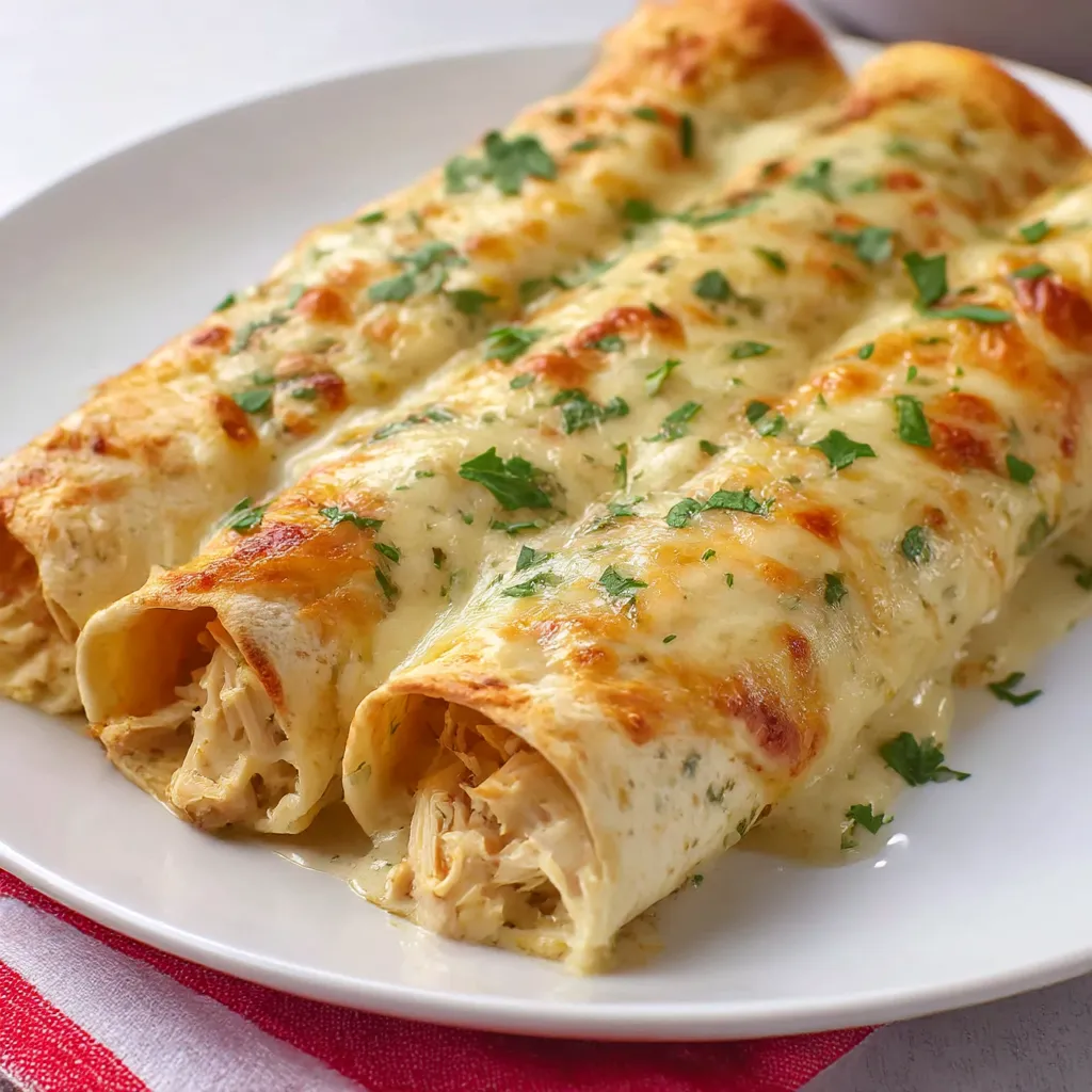 A plate of easy creamy white chicken enchiladas.