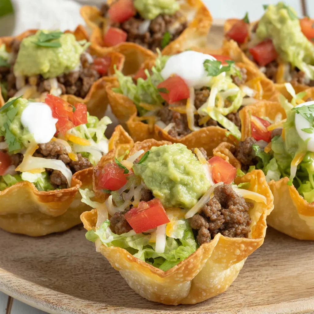 A plate of taco bites with meat, lettuce, tomatoes, and cheese.