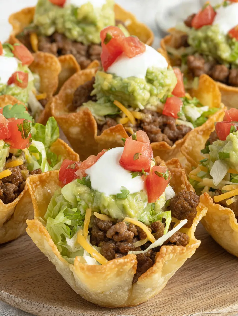 A plate of taco bites with cheese and tomatoes.