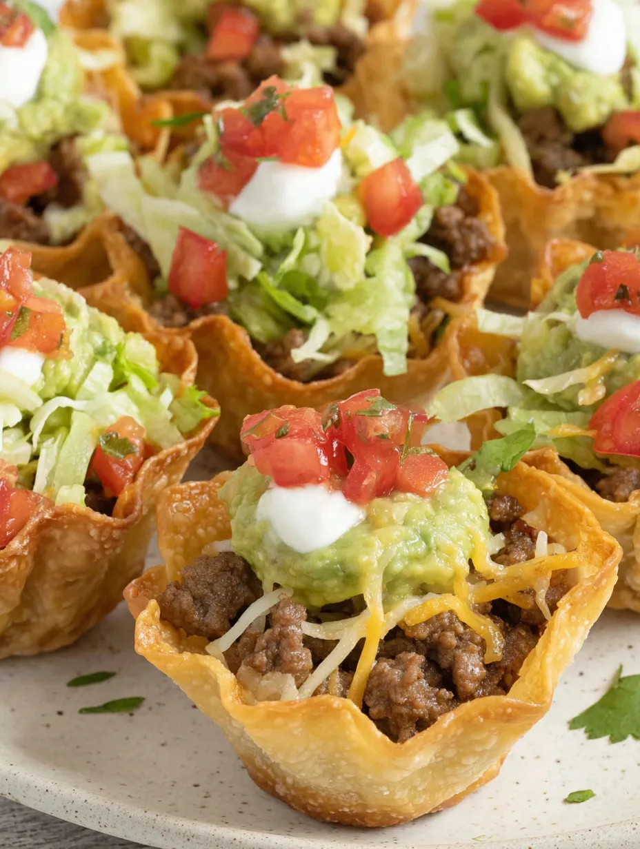 A plate of taco bites with lettuce and tomatoes.