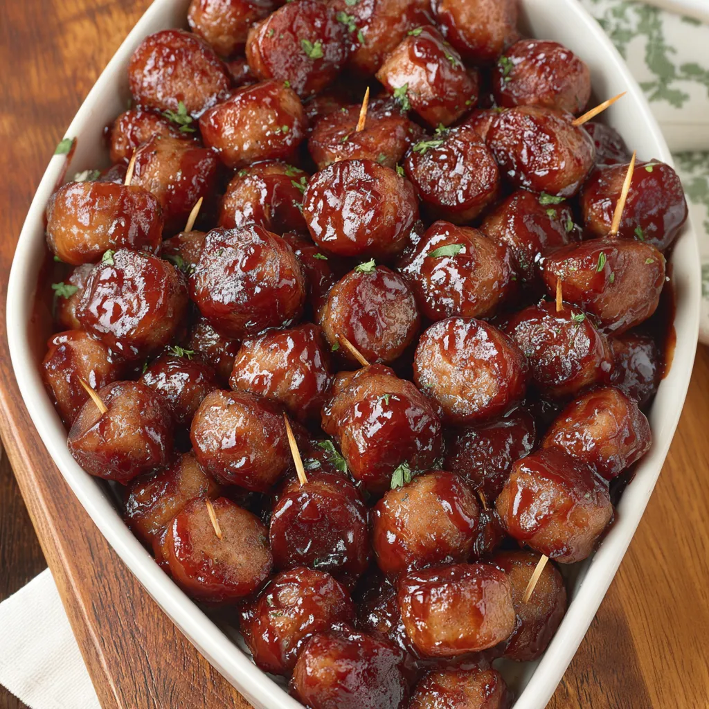 A bowl of BBQ sausage bites.