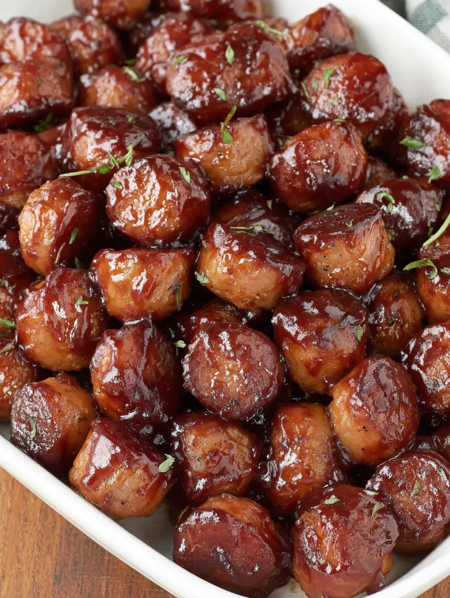 A plate of BBQ sausage bites.