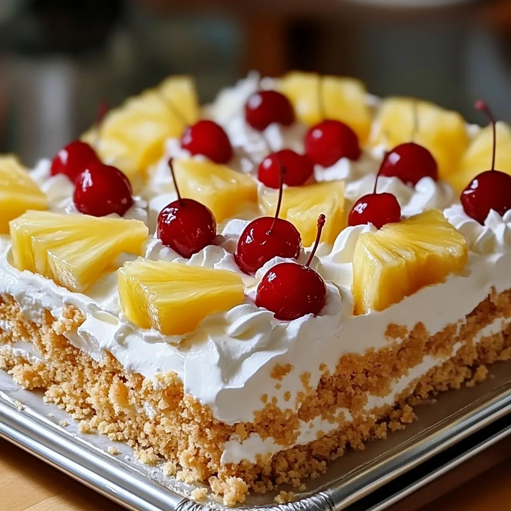 A slice of pineapple cake with cherries on top.