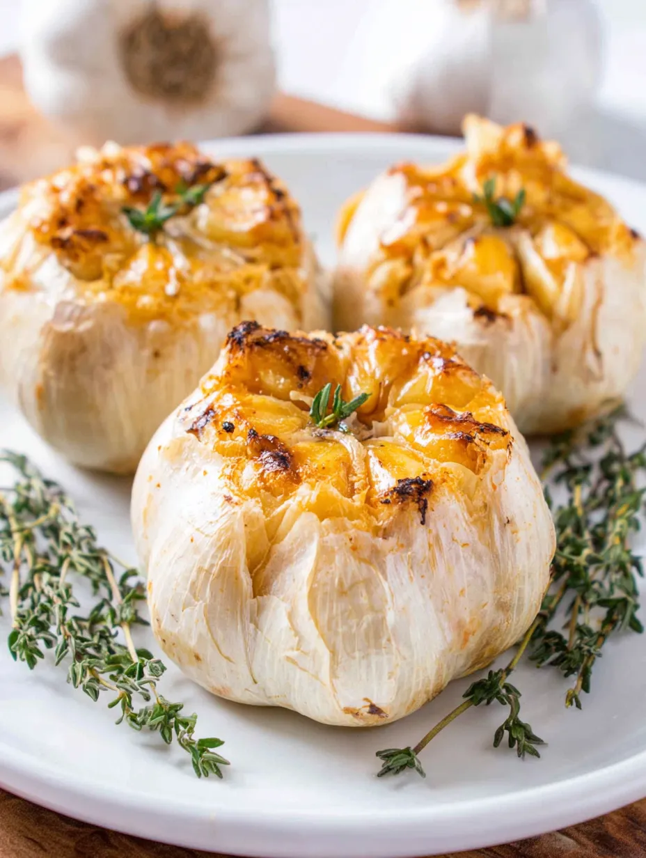 Three roasted garlic cloves on a white plate.