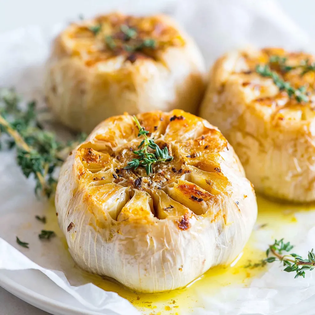 Three garlic cloves roasted in a pan.