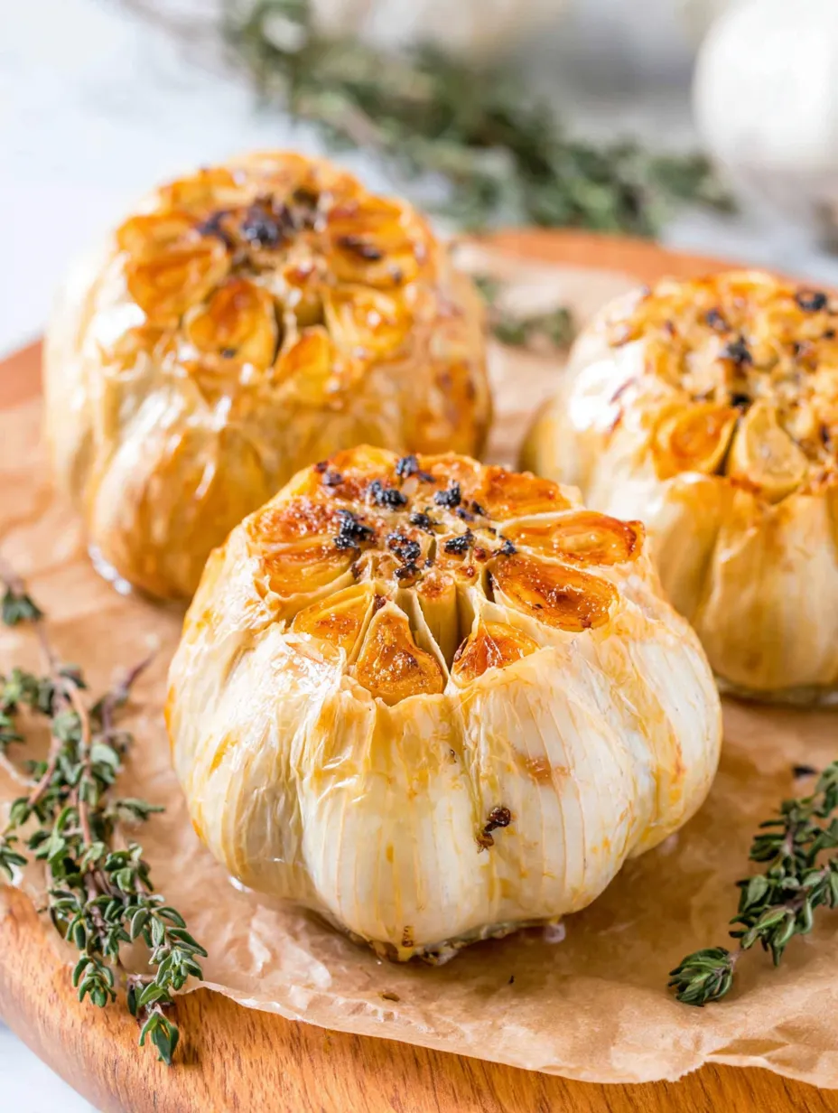 Three garlic cloves on a wooden cutting board.