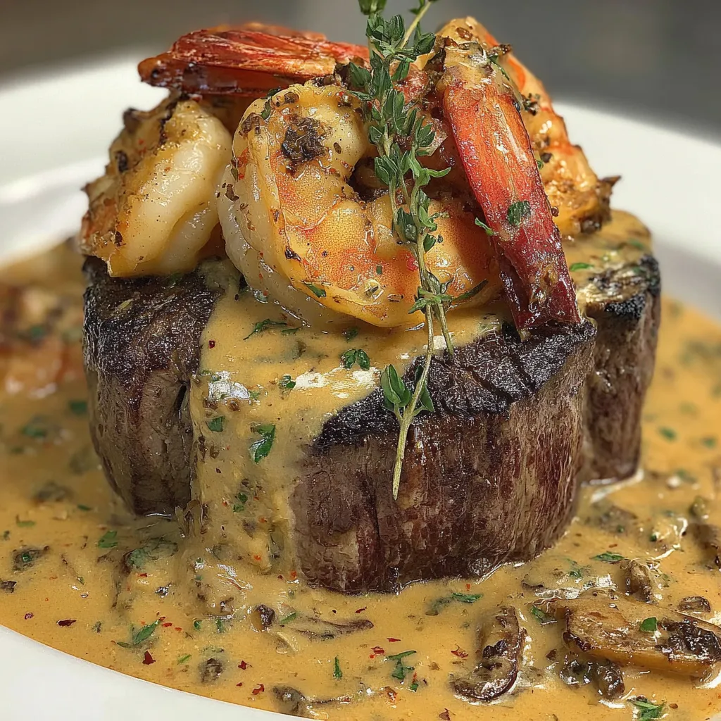 A plate of food with a steak, shrimp, and lobster sauce.