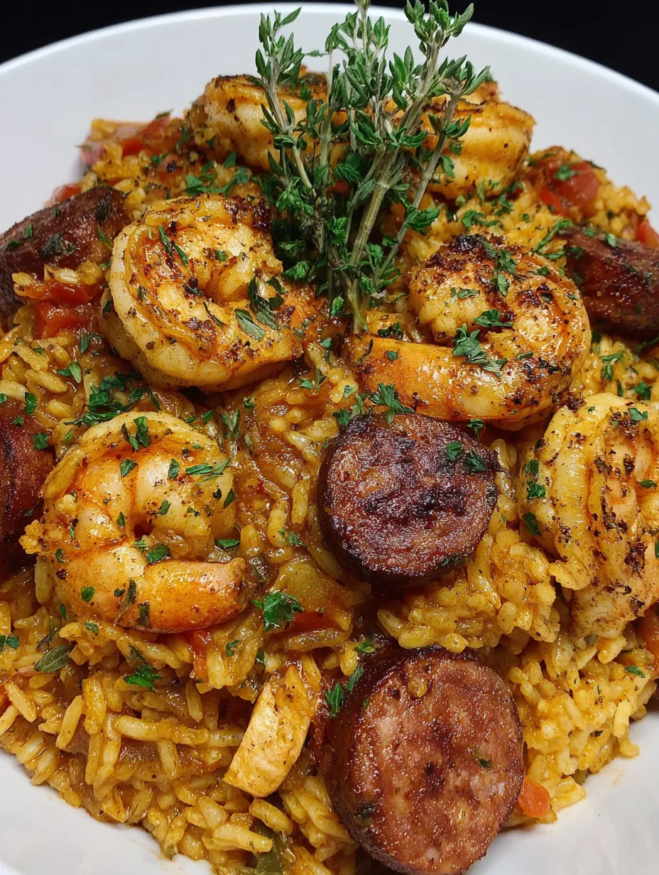 A plate of jambalaya with shrimp and sausage.