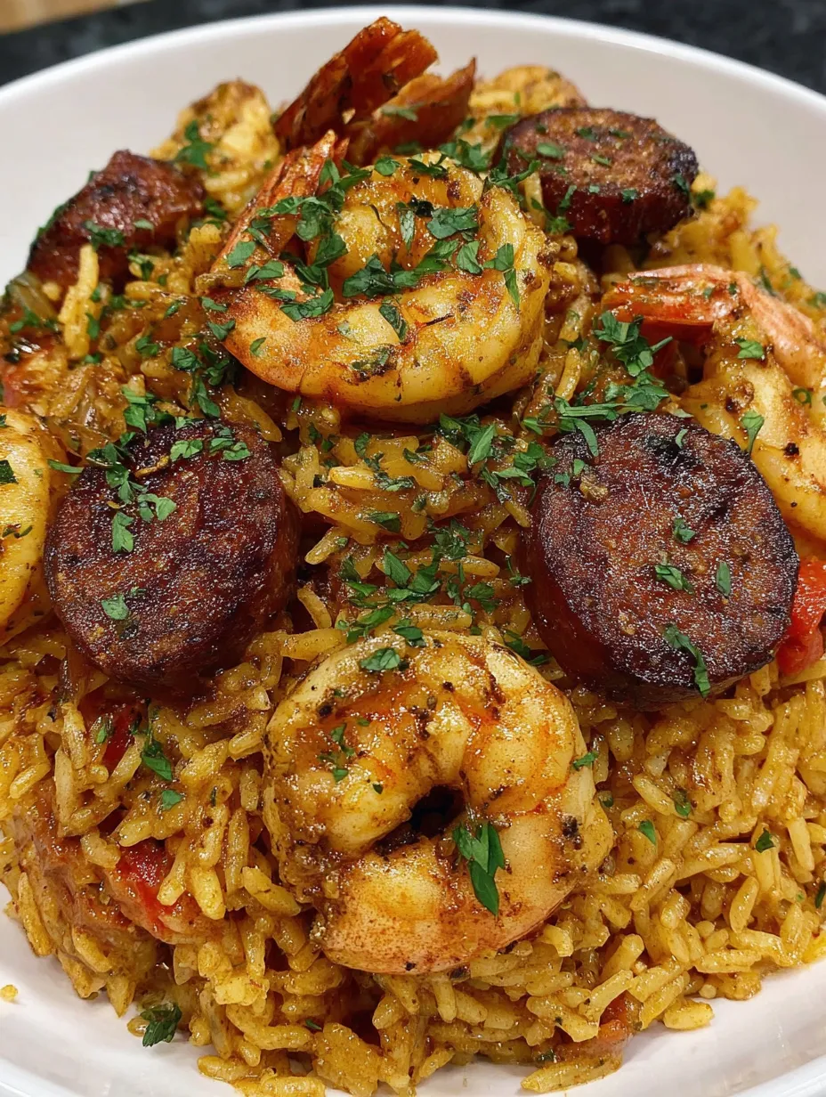 A plate of jambalaya with shrimp and rice.