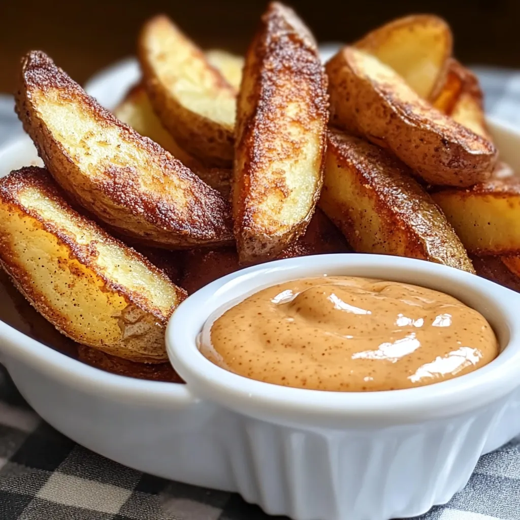A bowl of fries with a dipping sauce.