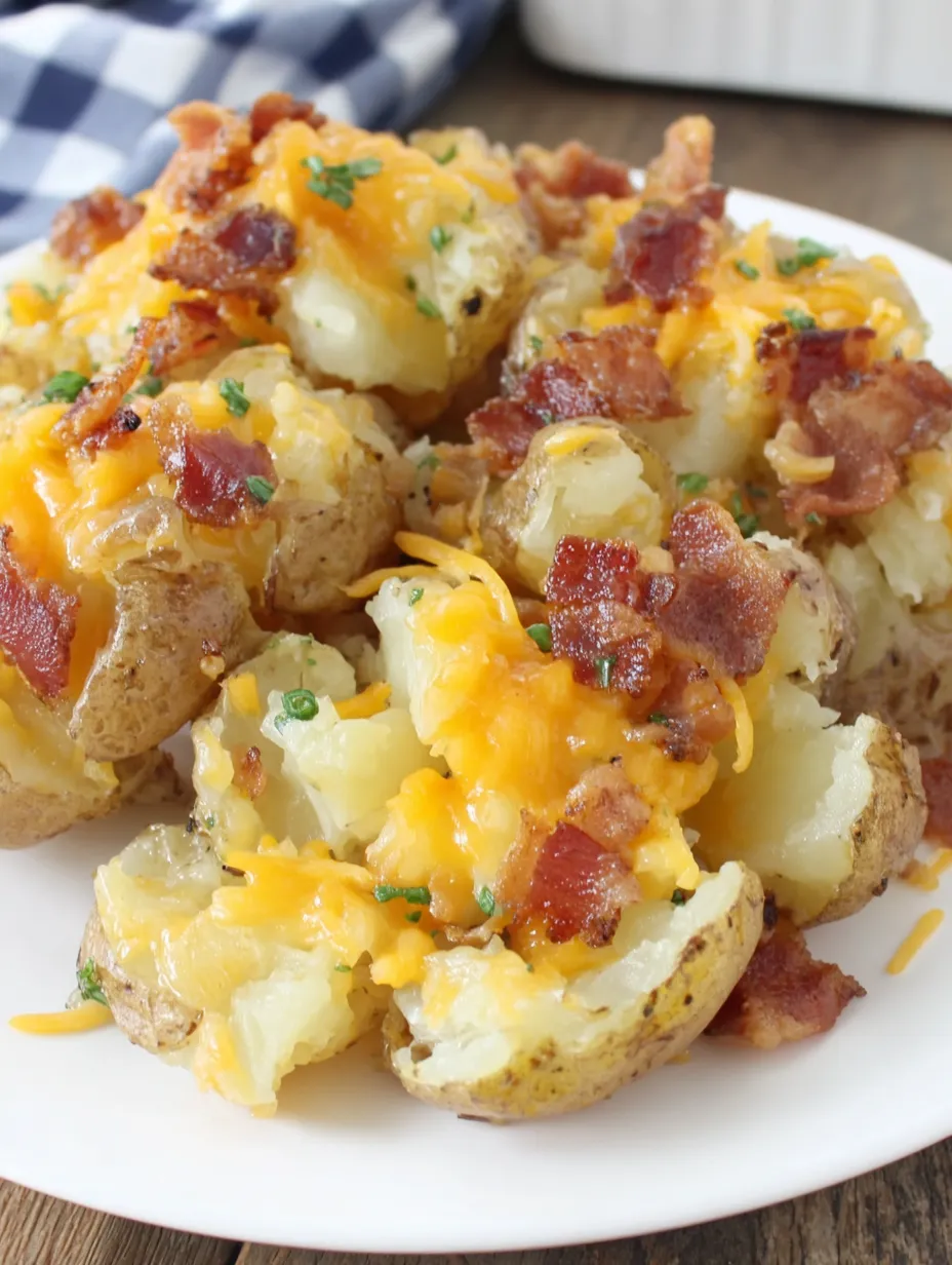 Cheesy smashed potatoes on a plate.