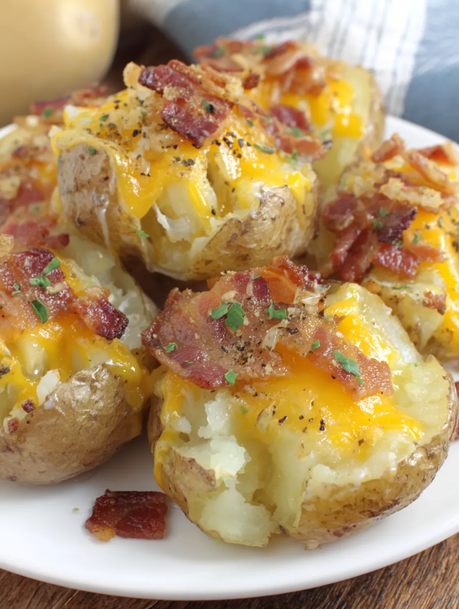 A plate of cheesy smashed potatoes.
