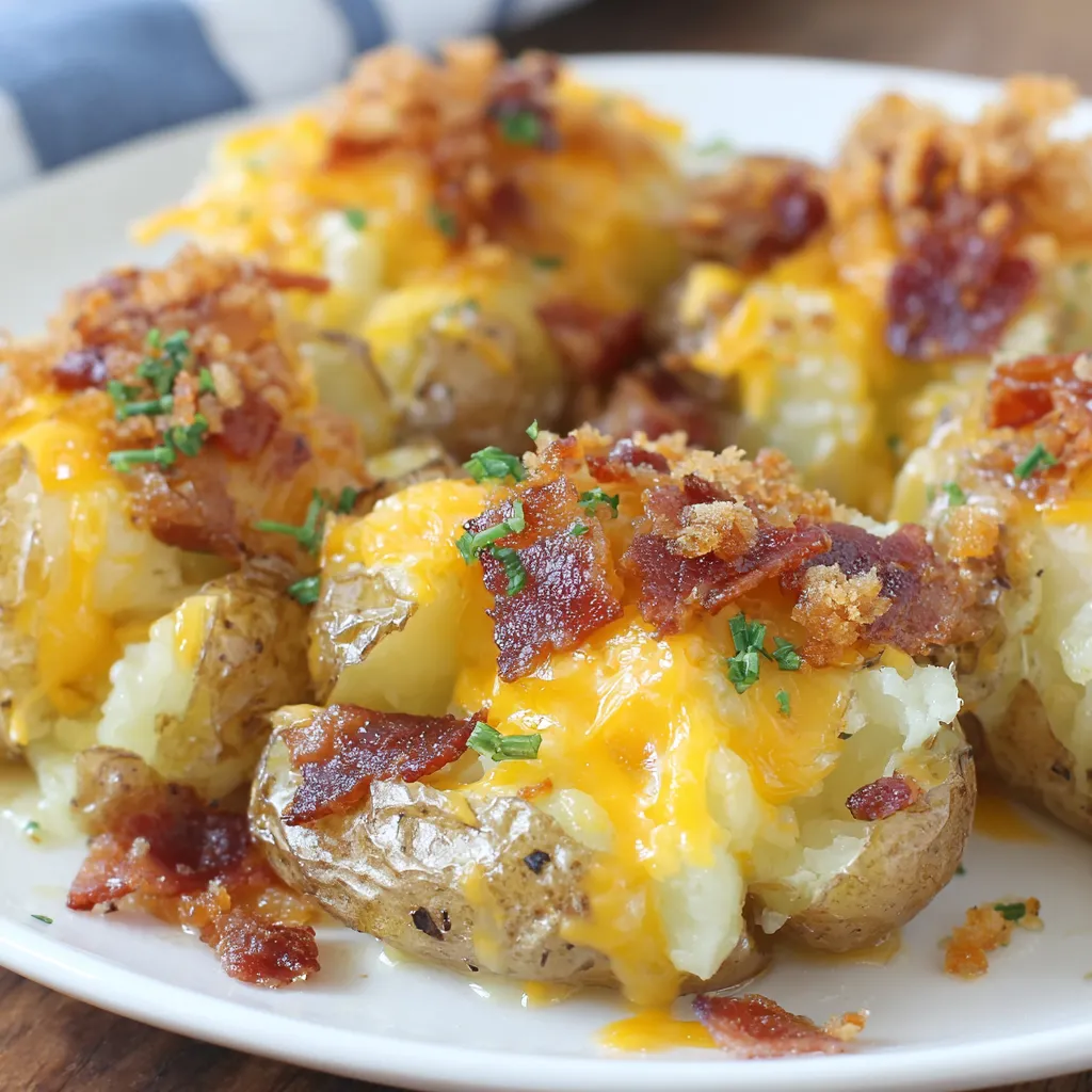A plate of food with bacon and cheese on top.