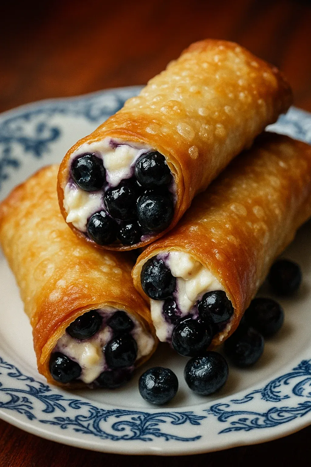 Three blueberry cream cheese egg rolls on a plate.